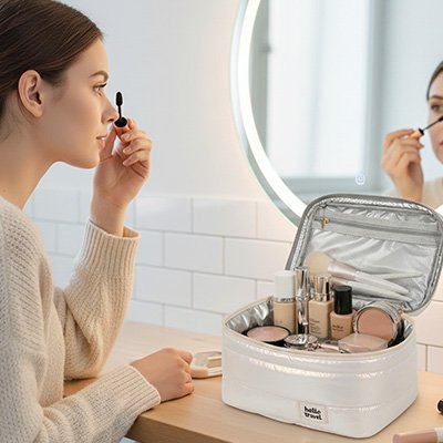 accessoires maquillage disposés dans Trousse maquillage Epsilon professionnel 