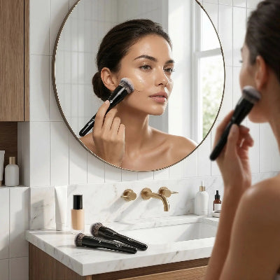 estomper produit maquillage avec pinceaux fond de teint liquide gamma