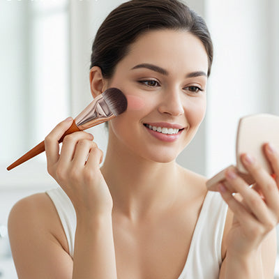 femme applique produit maquillage avec pinceau blush ultra-doux professionnel