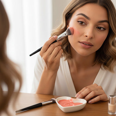 femme applique produit maquillage avec pinceau pour blush ultra doux