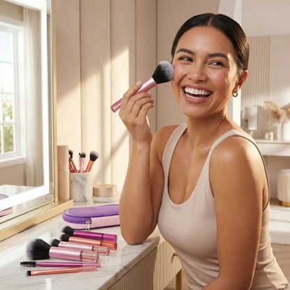 femme apprecie beaute maquillage avec mini pinceau maquillage alpha