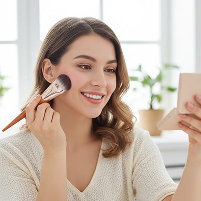 femme apprecie beaute maquillage avec pinceau blush ultra-doux-professionnel