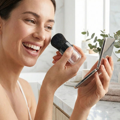 femme apprécie beauté maquillage avec  pinceau maquillage retractable epsilon