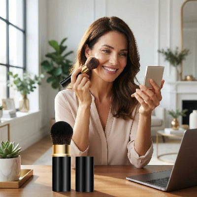 femme apprécie beauté maquillage avec pinceau maquillage retractable gamma
