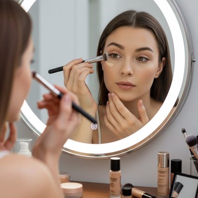 femme apprecie maquillage avec pinceau fond de teint alpha professionnel