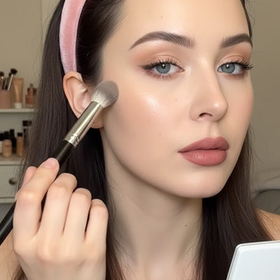 femme apprecie maquillage avec pinceau pour blush ultradoux