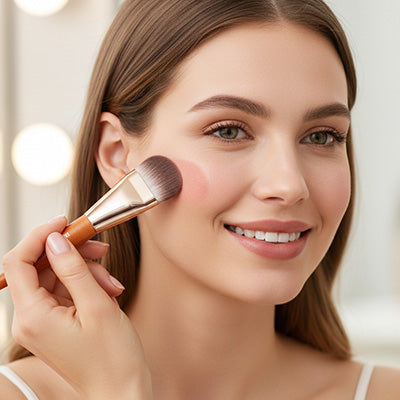 femme debute maquillage avec pinceau blush ultra-doux -professionnel
