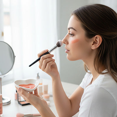 femme debute maquillage avec pinceau pour blush ultra doux