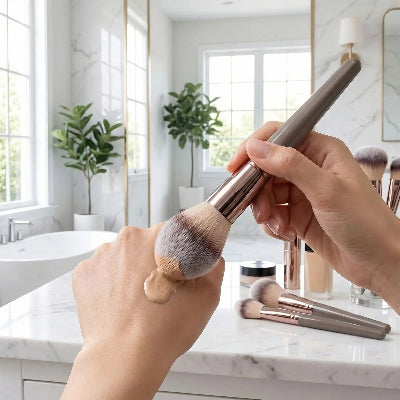 femme distribue produit avec  lot de pinceau a maquillage beta