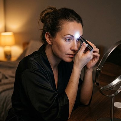 femme épile sourcils avec Pince à épiler epsilon professionnelle LED