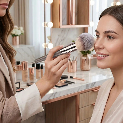 femme estompe maquillage avec  lot de pinceau a maquillage beta