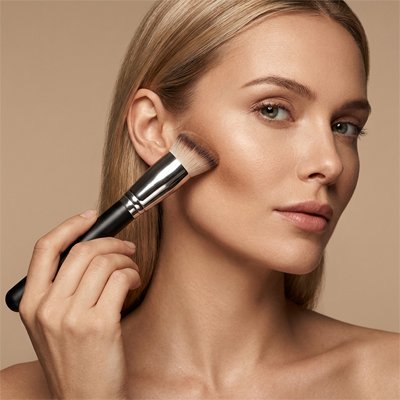 femme estompe maquillage avec Pinceau fond de teint alpha profesionnel