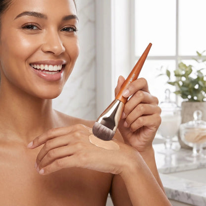 femme estompe maquillage avec pinceau pour fond de teint alpha