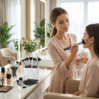 femme estompe produit avec  kit pinceau maquillage professionnel alpha
