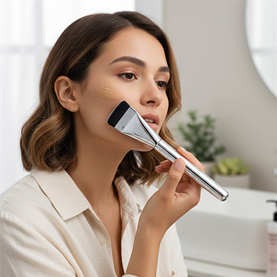 femme estompe produit avec pinceau fond de teint professionnel impeccable