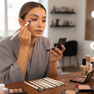 femme estompe produit coin yeux avec pinceaux maquillage alpha professionnel
