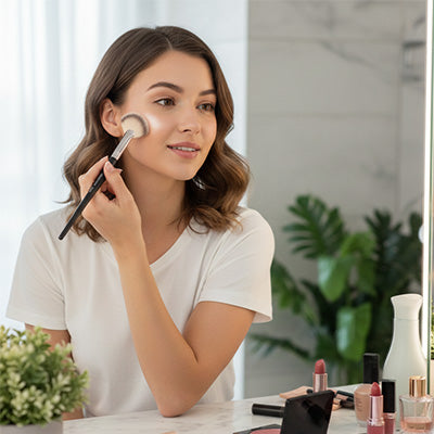 femme estompe produit maquillage avec pinceau blush maxi professionnel