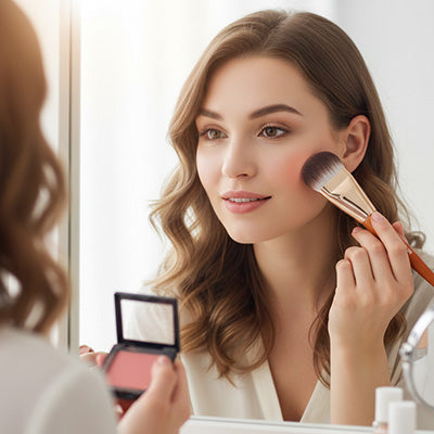 femme estompe produit maquillage avec pinceau blush ultra-doux professionnel