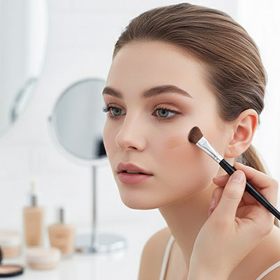 femme estompe produit maquillage avec pinceau maquillage pro Maxima