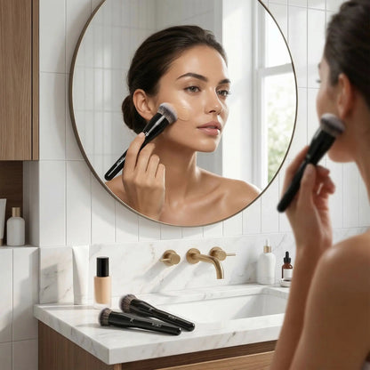 femme-estompe-produit-maquillage-avec-pinceaux-fond-de-teint-liquide-gamma