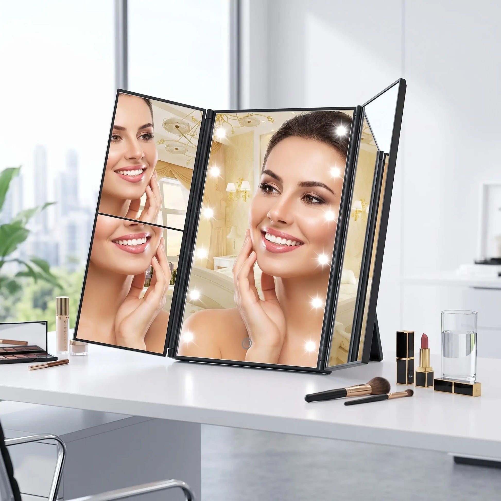 femme fiere de miroir maquillage lumineux beta professionnel 3 faces