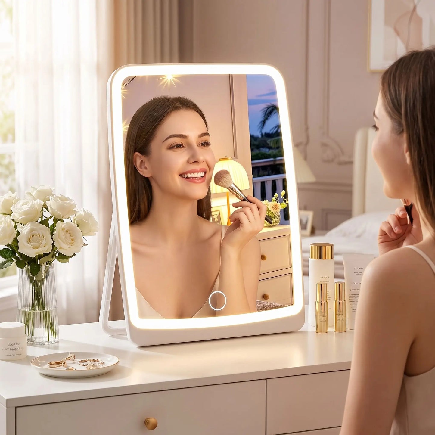 femme fiere de miroir maquillage lumineux delta professionnel pliable
