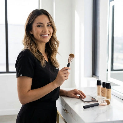 femme fière de pinceau maquillage fond de teint liquide alpha