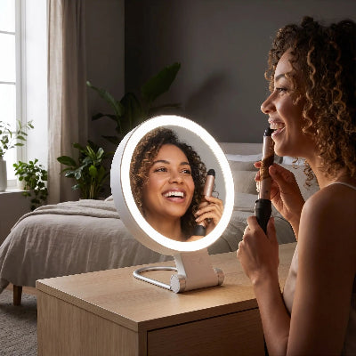 femme heureuse avec miroir grossissant et lumineux Delta professionnel 