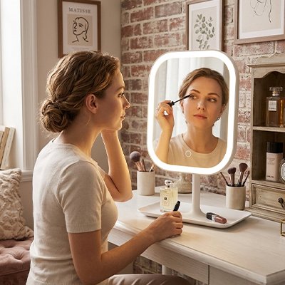 femme maquille cils avec Miroir maquillage alpha professionnel