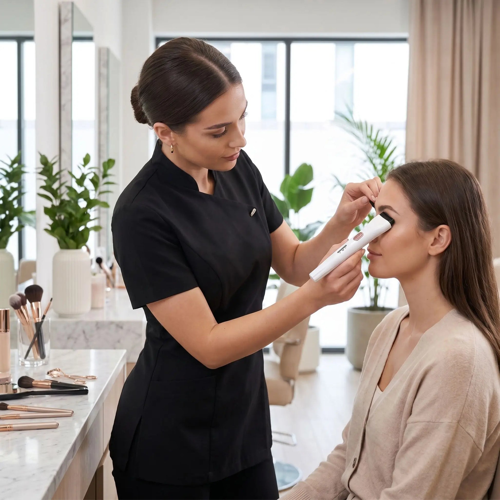 femme maquille cliente avec recourbe cils electrique 3 temperatures