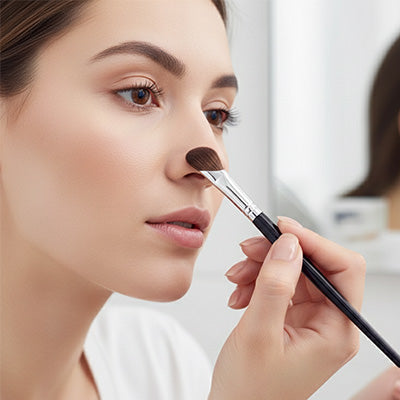 femme maquille nez avec pinceau maquillage pro Maxima