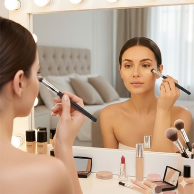 femme maquille paupière avec Pinceau fond de teint alpha professionnel
