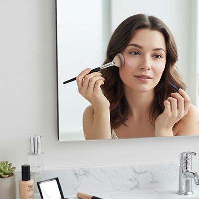 femme paufine maquillage avec pinceau blush maxi professionnel