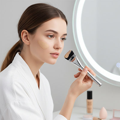 femme paufine maquillage avec pinceau fond de teint professionnel impeccable