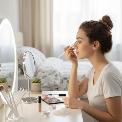 femme paufine maquillage yeux avec pinceaux maquillage alpha professionnel