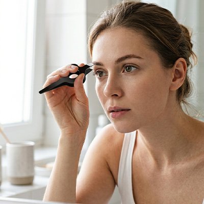 femme positionne Pince à épiler alpha professionnelle pour épilation 