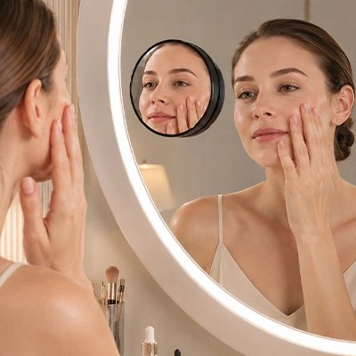 femme sublime beauté avec Miroir grossissant EPsilon professionnel HD